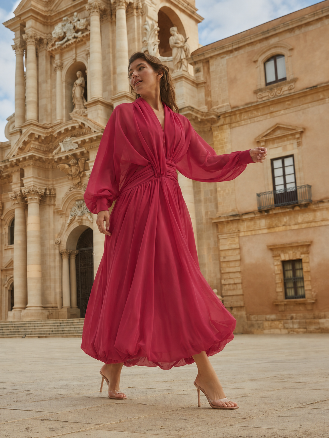 Crimson Veil Balloon Dress