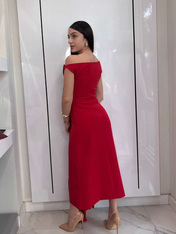 Red Asymmetric Midi Dress