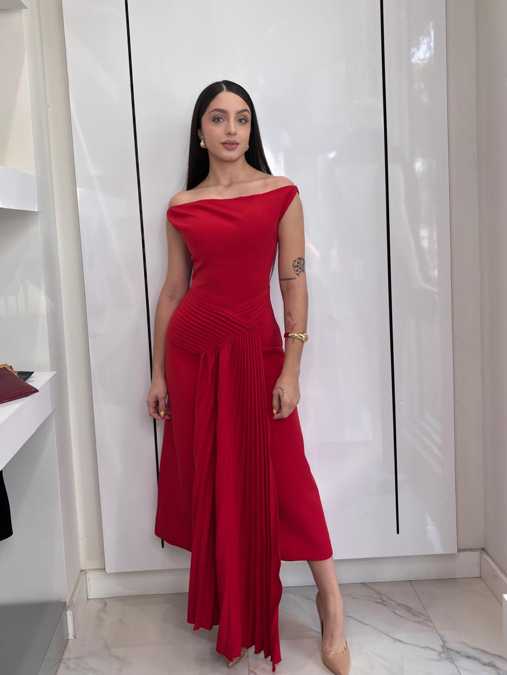 Red Asymmetric Midi Dress